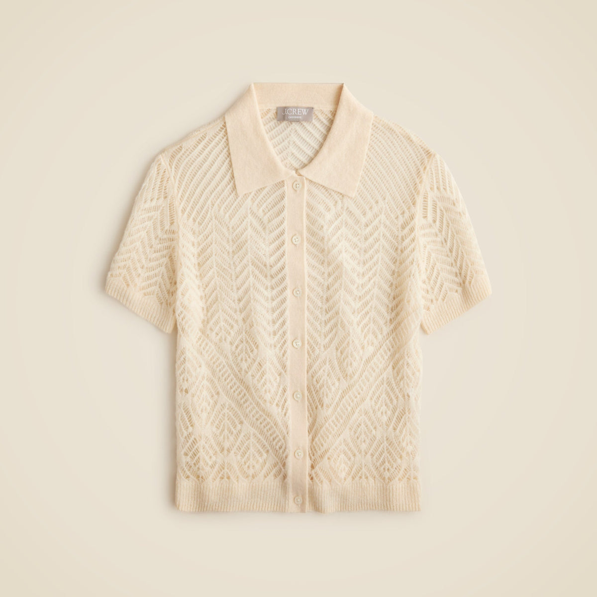 Sheer pointelle button-up short-sleeve cardigan in cashmere