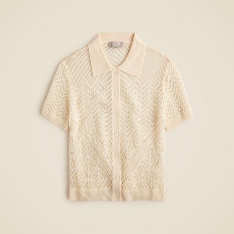 Sheer pointelle button-up short-sleeve cardigan in cashmere