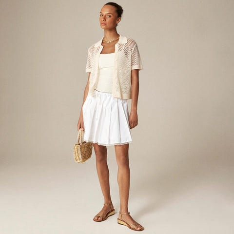 Sheer pointelle button-up short-sleeve cardigan in cashmere