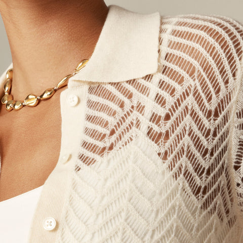 Sheer pointelle button-up short-sleeve cardigan in cashmere