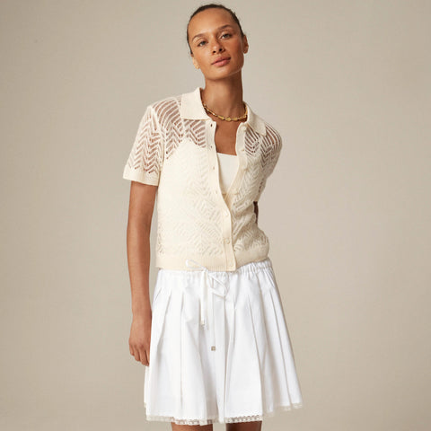 Sheer pointelle button-up short-sleeve cardigan in cashmere