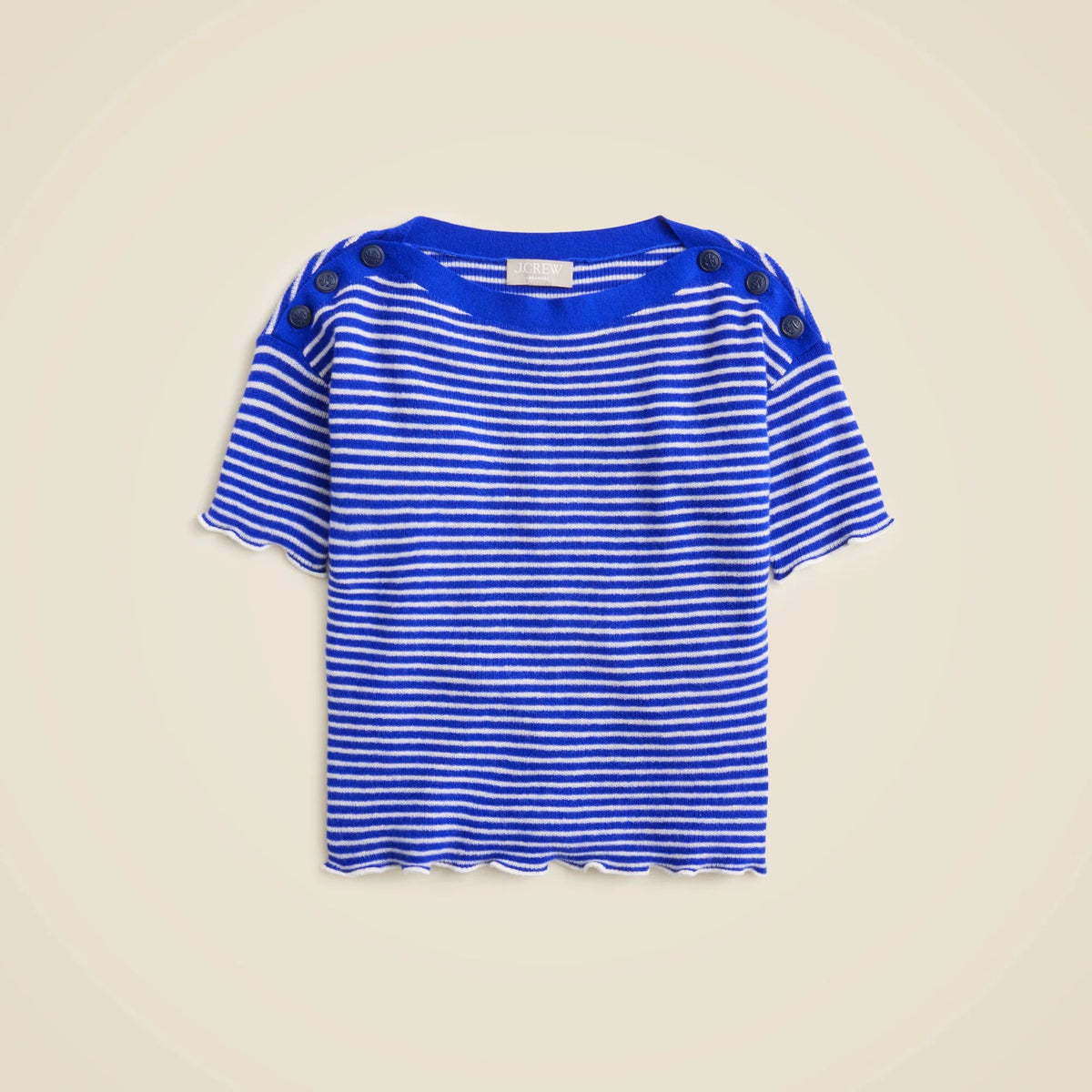 Featherweight cashmere ruffle-trim T-shirt in stripe