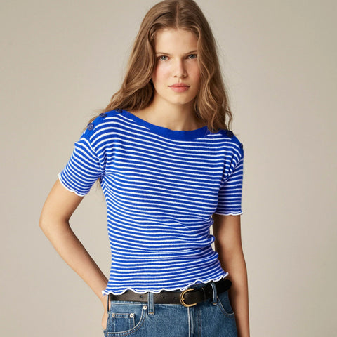 Featherweight cashmere ruffle-trim T-shirt in stripe