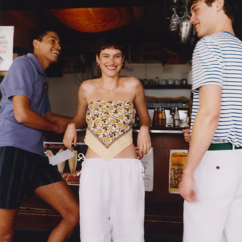 Cotton voile bandana top in daffodil daze block print