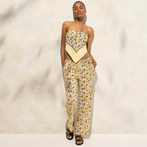 Cotton voile bandana top in daffodil daze block print