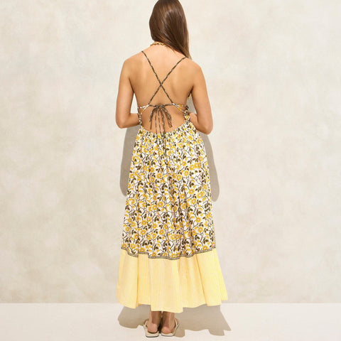 Cotton voile plunge maxi dress in daffodil daze block print