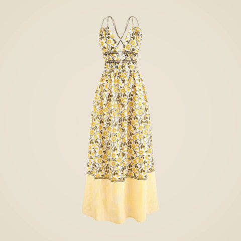 Cotton voile plunge maxi dress in daffodil daze block print