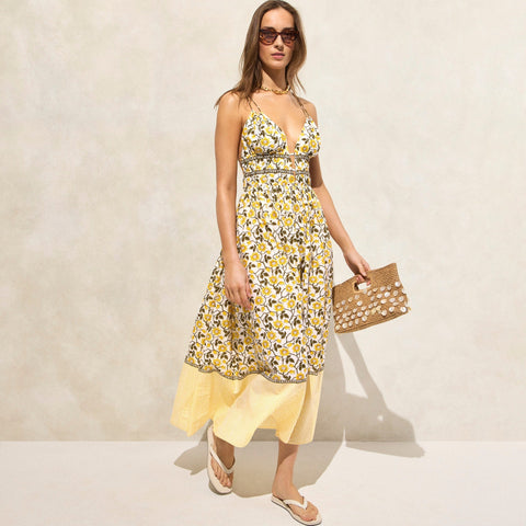 Cotton voile plunge maxi dress in daffodil daze block print