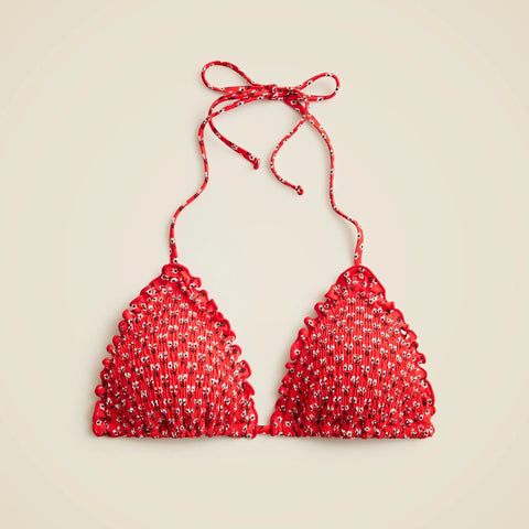 Smocked ruffle-trim string bikini top in ditsy floral print