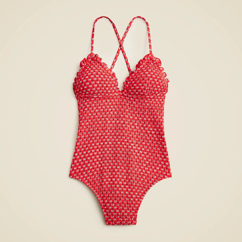 Smocked ruffle-trim one-piece in ditsy floral print