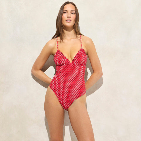 Smocked ruffle-trim one-piece in ditsy floral print