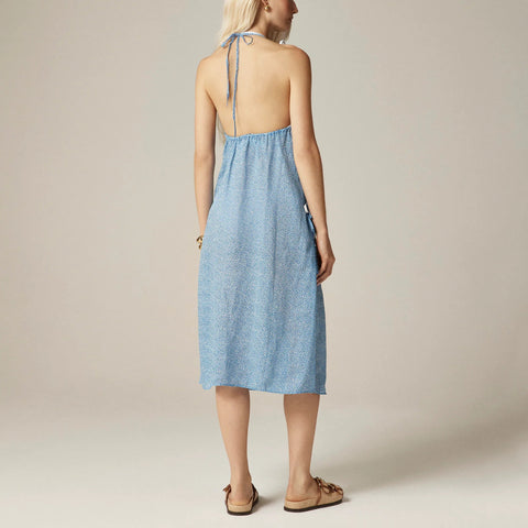 Side-tie midi dress in mini floral-print ramie