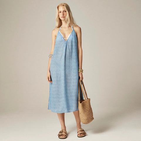 Side-tie midi dress in mini floral-print ramie