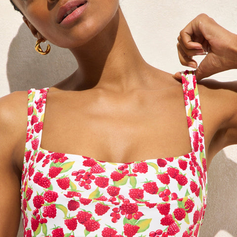 Nia ruched squareneck one-piece swimsuit in raspberry print