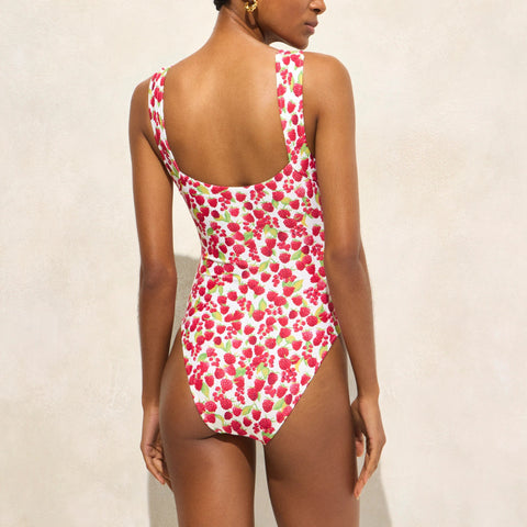Nia ruched squareneck one-piece swimsuit in raspberry print