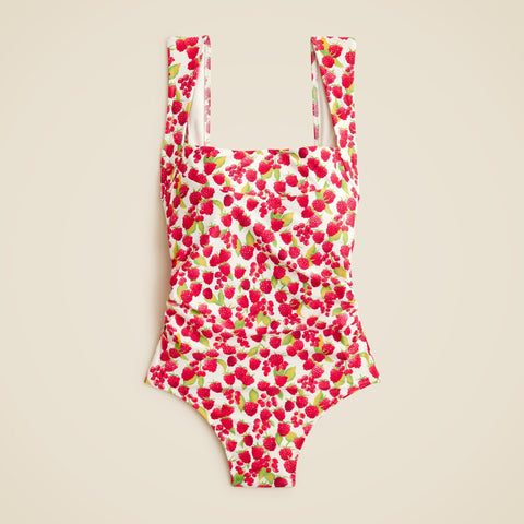 Nia ruched squareneck one-piece swimsuit in raspberry print