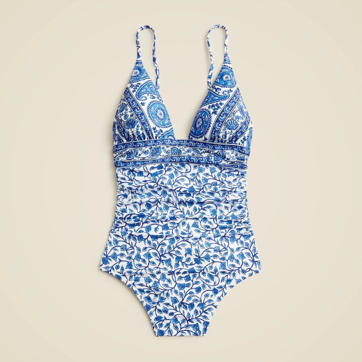 Ruched plunge one-piece in bandana block print