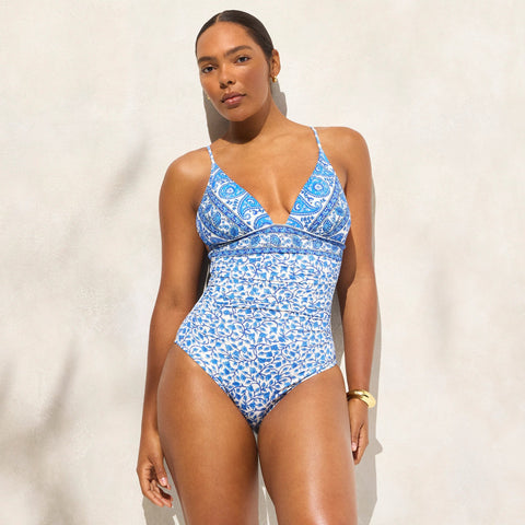 Ruched plunge one-piece in bandana block print
