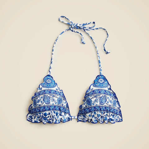 Ruffle-trim string bikini top in banana block print