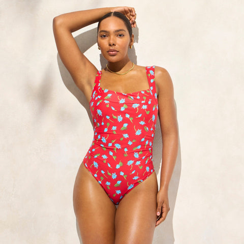 Nia ruched squareneck one-piece in brushed daisy print