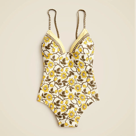 Strappy one-piece swimsuit in daffodil daze block print