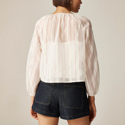 Tie-front popover top in dobby satin