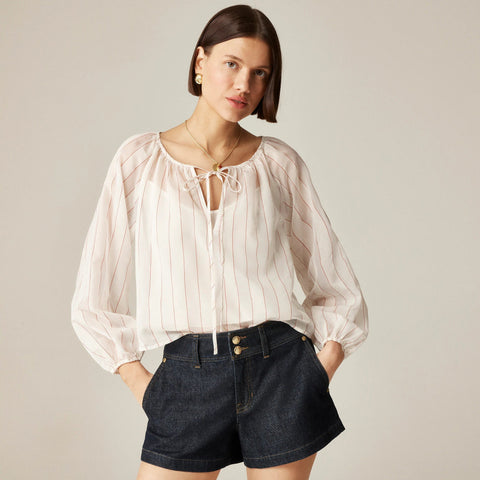 Tie-front popover top in dobby satin