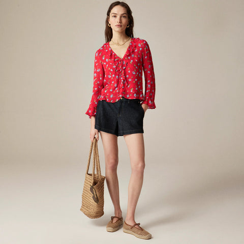 Ruffle tie-front top in chiffon