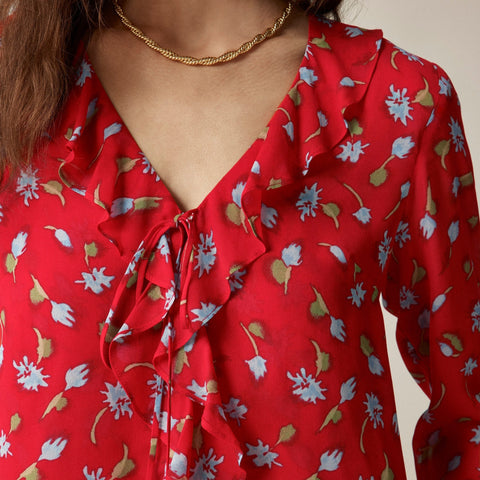 Ruffle tie-front top in chiffon