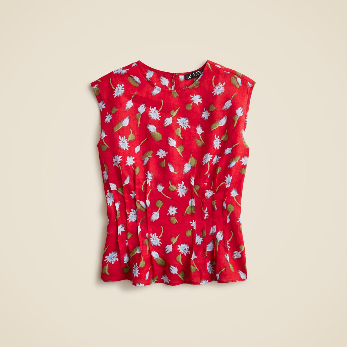 Pintuck shell top in brushed daisy-print ramie