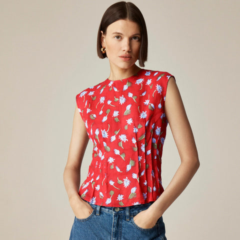 Pintuck shell top in brushed daisy-print ramie