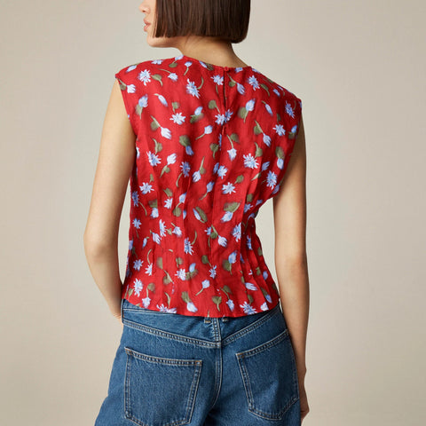 Pintuck shell top in brushed daisy-print ramie