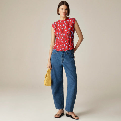 Pintuck shell top in brushed daisy-print ramie