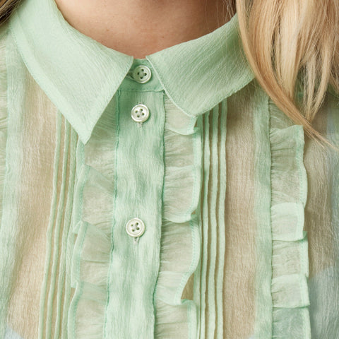 Sheer ruffle-trim button-up top