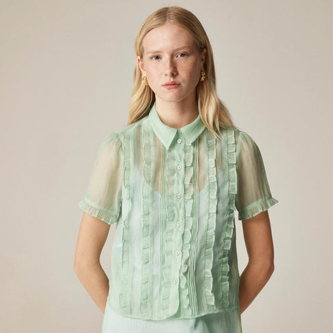 Sheer ruffle-trim button-up top