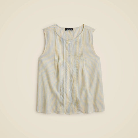 Pintuck button-up shell top in striped cotton voile