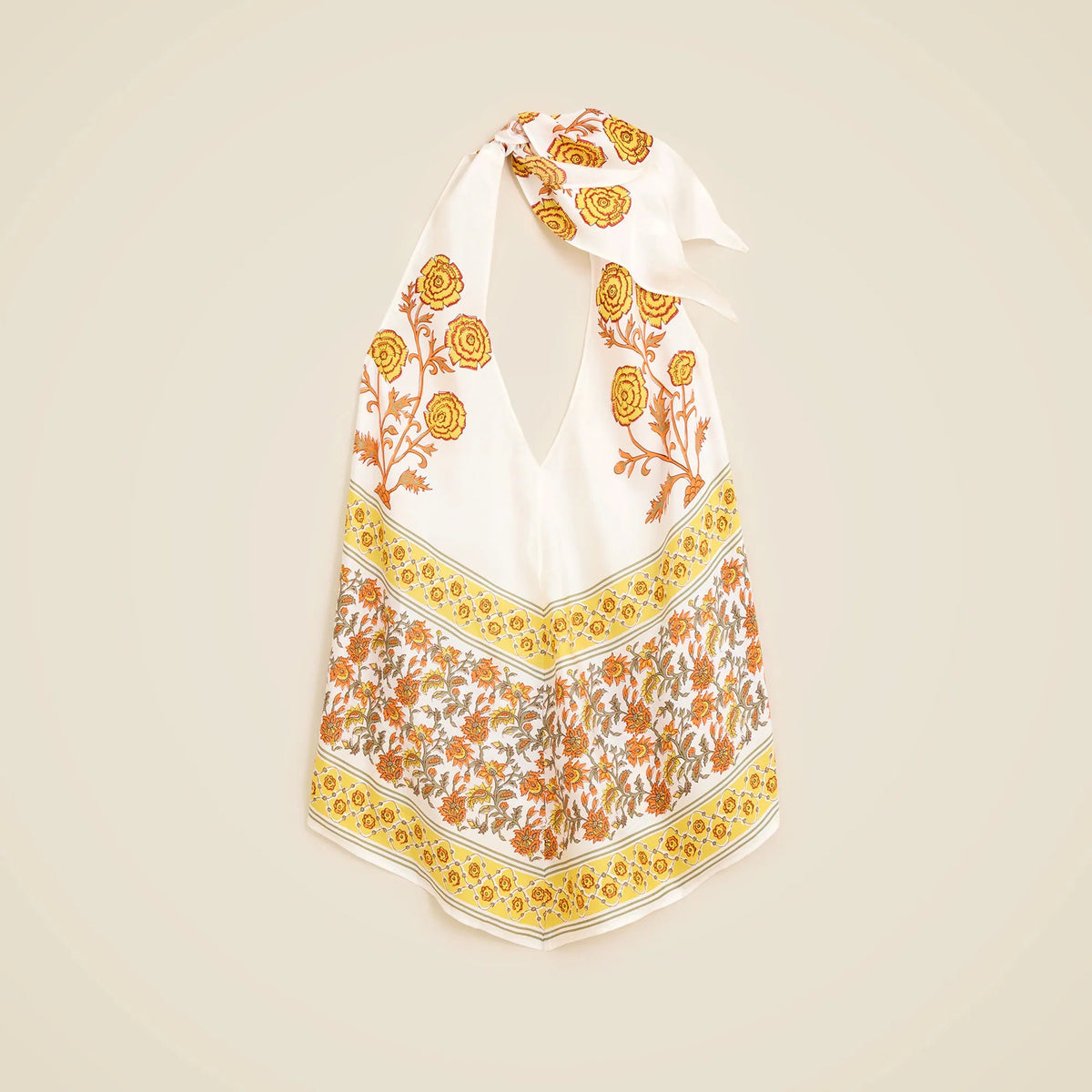 Open-back halter top in sunset rose block print