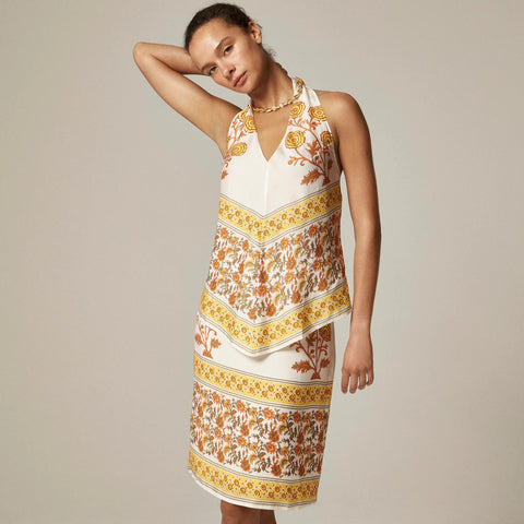 Open-back halter top in sunset rose block print