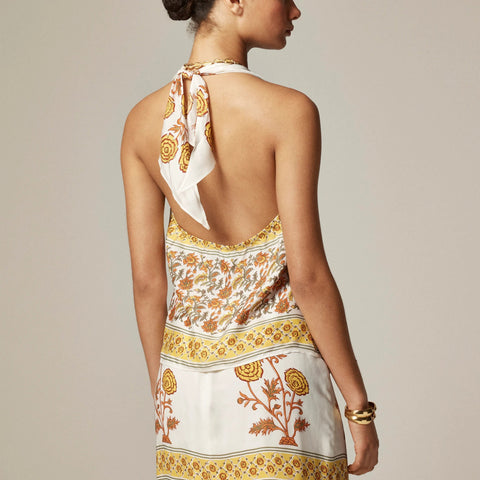 Open-back halter top in sunset rose block print