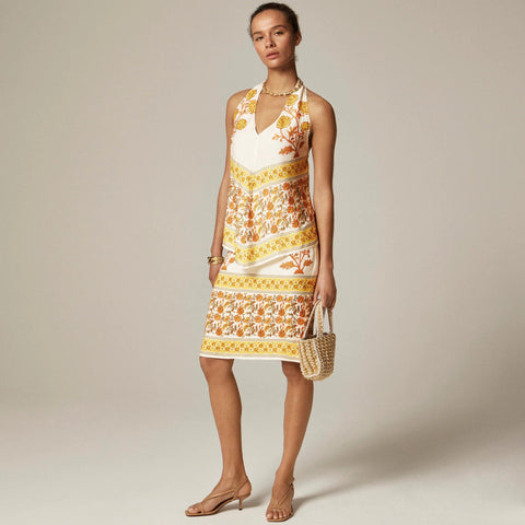 Open-back halter top in sunset rose block print