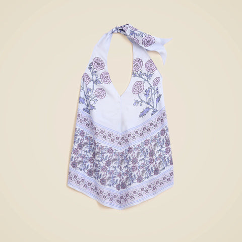 Open-back halter top in dusty periwinkle block print