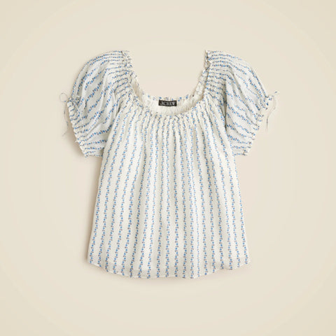 Smocked ruffle-trim top in blue daisy print