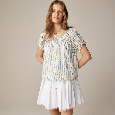 Smocked ruffle-trim top in blue daisy print