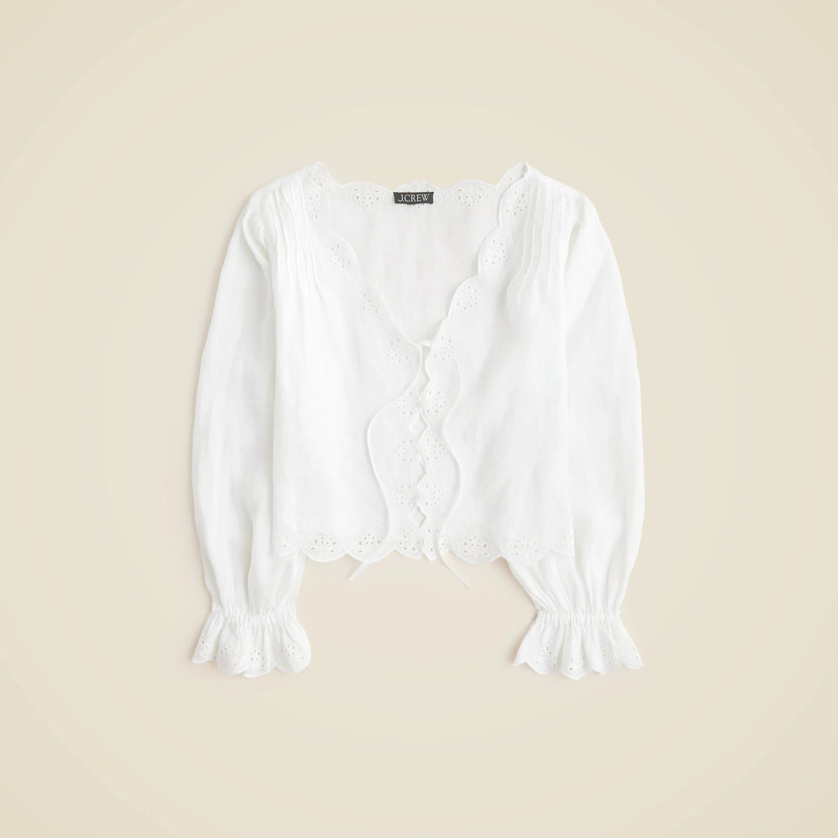 Scallop-trim tie-front top in ramie