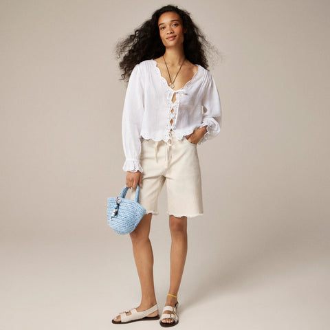 Scallop-trim tie-front top in ramie