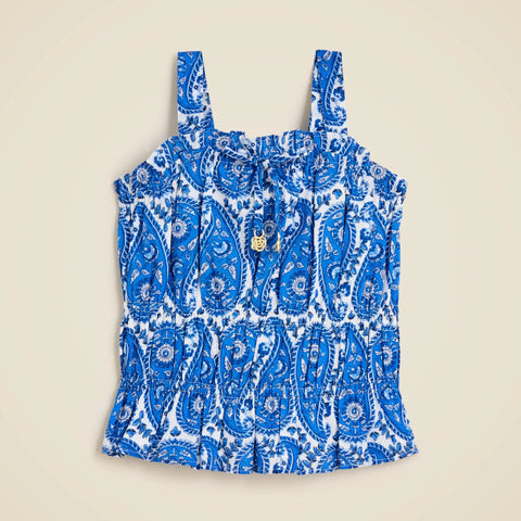 Girls' smocked ruffle-trim tank top in paisley