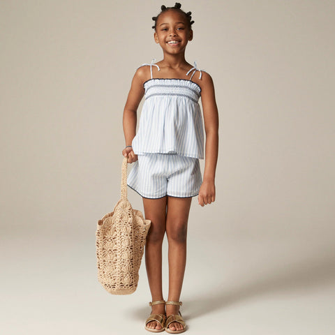 Girls' tie-shoulder smocked tank top in cotton voile stripe