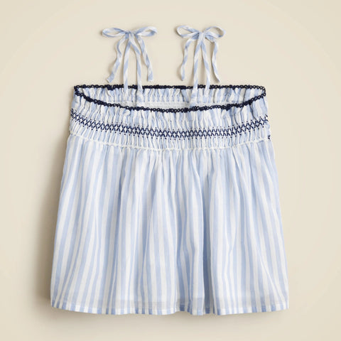 Girls' tie-shoulder smocked tank top in cotton voile stripe
