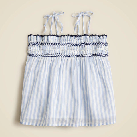Girls' tie-shoulder smocked tank top in cotton voile stripe