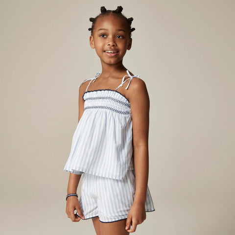 Girls' tie-shoulder smocked tank top in cotton voile stripe